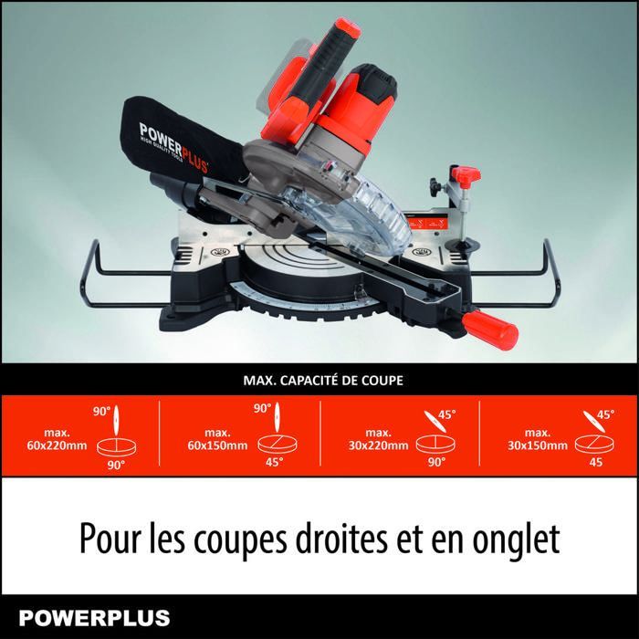 Accu verstekzaag POWDP2560 met dubbele voeding (20V) - 210 mm zaagdiameter - Geïntegreerde laser - Accu en lader niet inbegrepen - 1 accessoire