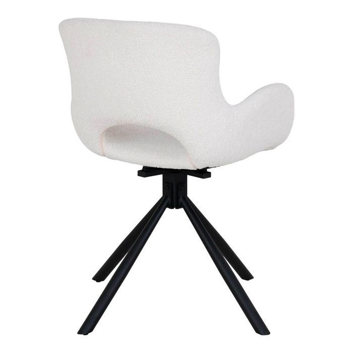 HERMOS - Juego de 2 sillas de comedor en tela bouclé blanca con base giratoria de metal negro.