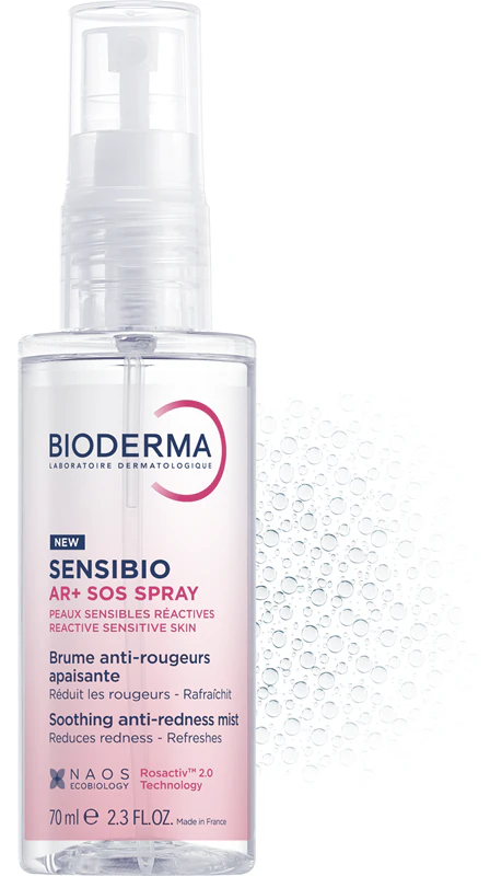 Bioderma Sensibio AR+ SOS Spray, een verzachtende spray tegen roodheid van de huid.