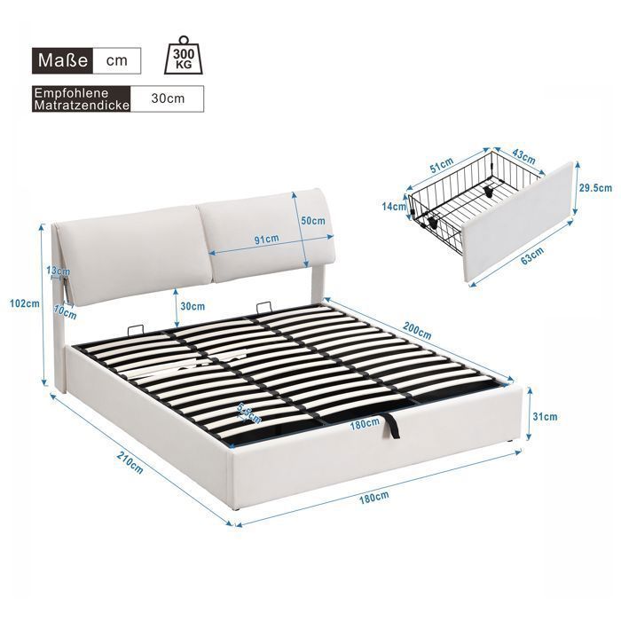 Cama O.Ye de 180x200 con base de listones, cama doble con 3 cajones de almacenamiento, tamaño king, estructura tapizada, color beige. CAMA COMPLETA.