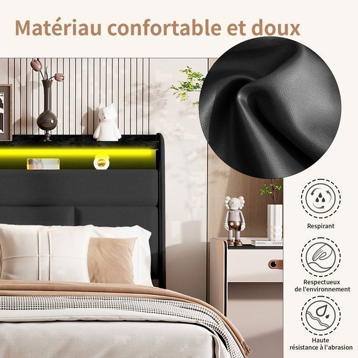 Set completo per camera da letto per adulti, base letto 160x200, letto matrimoniale, letto contenitore 160x200, letto a LED 160x200, testiera imbottita con illuminazione a LED, similpelle PU, nero