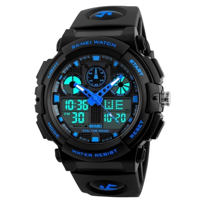 Reloj deportivo LED de doble pantalla para hombre, negro y azul.