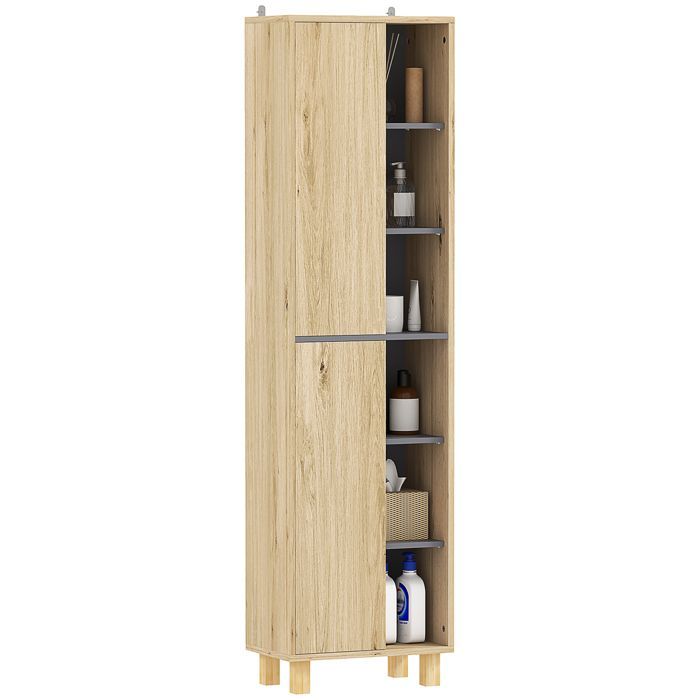Mueble columna para baño - HOMCOM - 6 compartimentos abiertos y 2 armarios - dimensiones 40 cm de ancho x 24 cm de profundidad x 148 cm de alto - madera natural