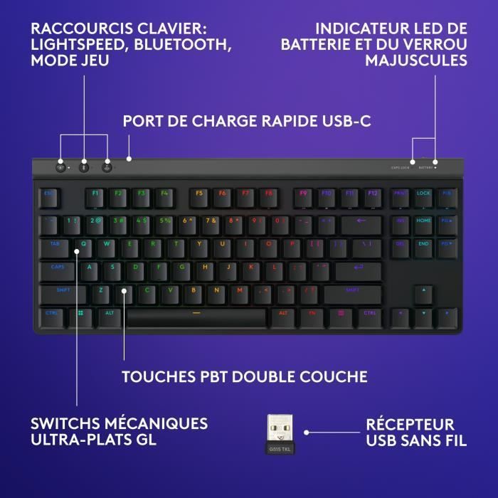 Tastiera da gioco - Wireless - Logitech G - G515 TKL Lightspeed - AZERTY - Interruttori meccanici lineari - Retroilluminata - Nera