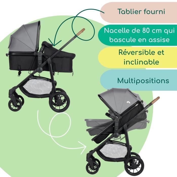 BEBECONFORT HAZE Poussette 3 en 1, Assise transformable en nacelle + siège auto i-Size + habillage pluie, 0-22kg, Tinted Gray