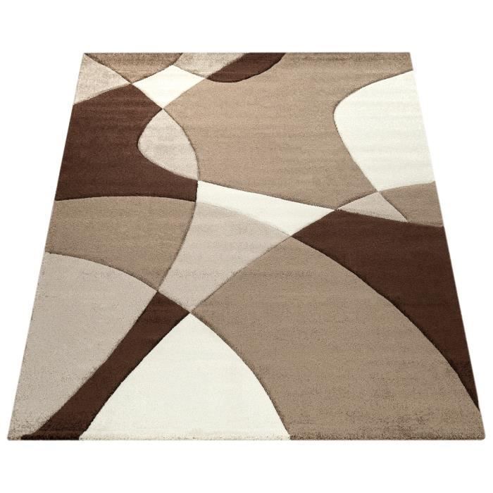 Alfombra geométrica moderna de diseño Paco Home con contornos calados en marrón, crema y beige, 160 x 230 cm.