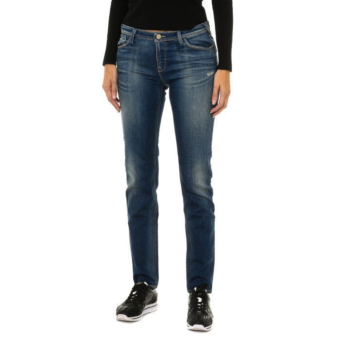 Pantalon long en jean effet usé 3Y5J28-5D1MZ femme-Bleu