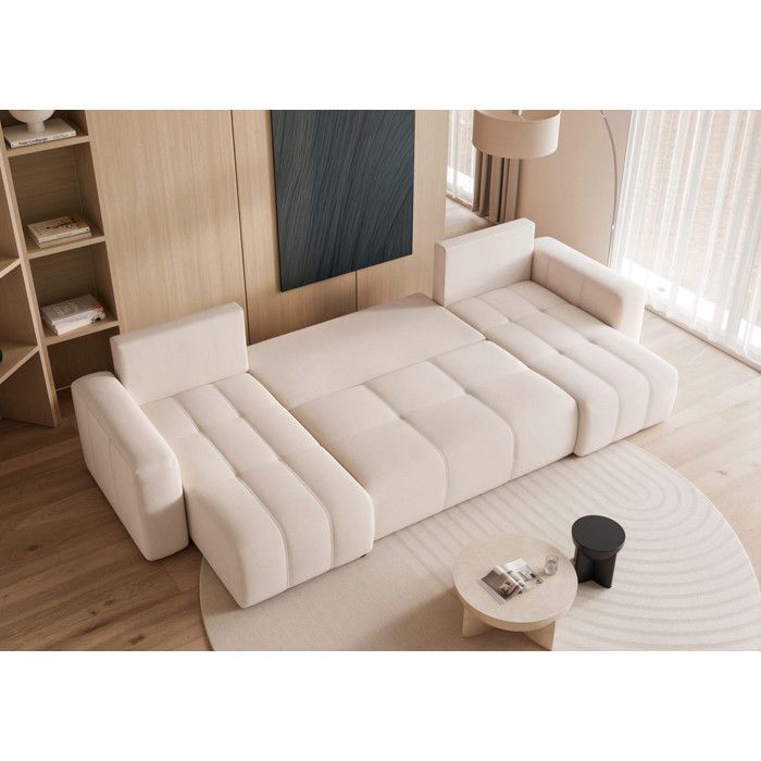 Divano angolare panoramico a 7 posti PEDRO IDOHOME in velluto color crema, trasformabile con contenitore