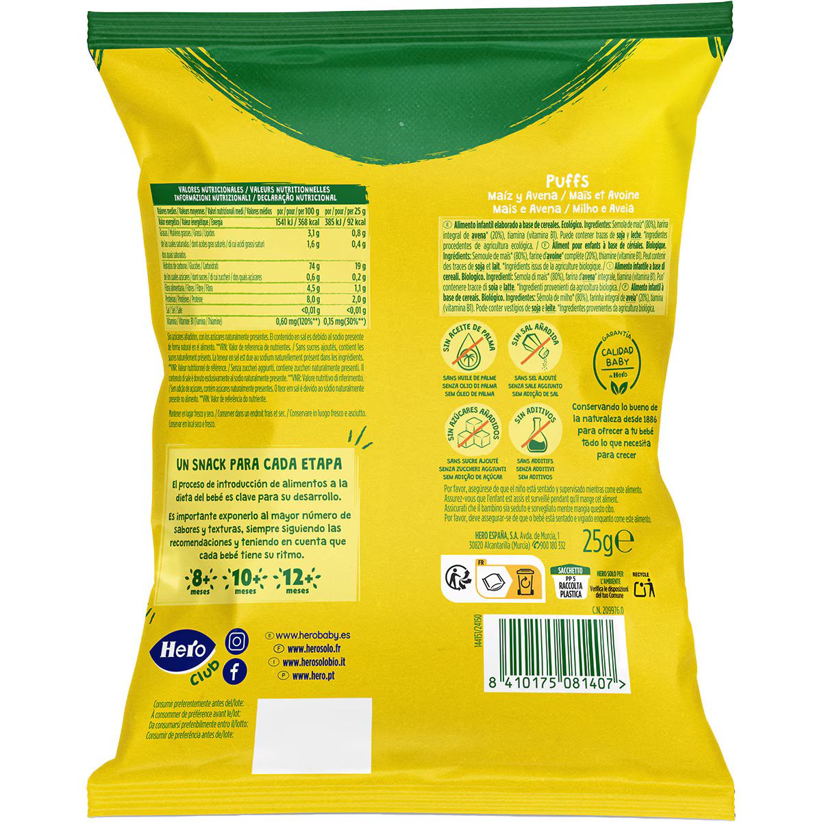 „Only BIO Snacks Puffs“ kukurūzų ir avižų skonio užkandžiai, 8 mėnesių Tęstinio maitinimo pienas ir maistas