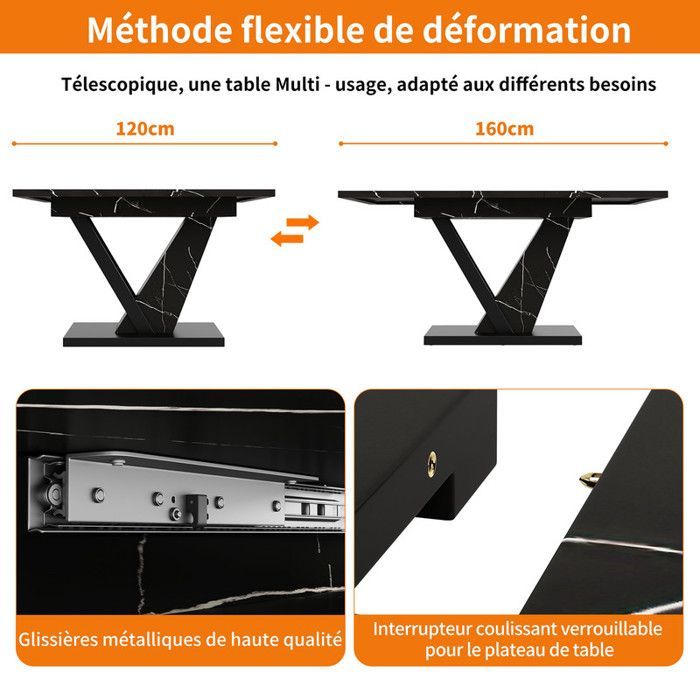 Table à Manger Extensible (120-160x75x75.5cm), Table de Cuisine Peu encombrante, Table à Manger avec Motif de Marbre Noir,pour