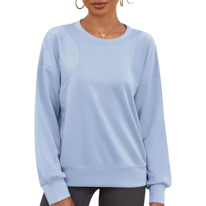 Sweat-shirt Oversize Femme à Manches Longues Sportif Court Bleu L Pull Décontracté Col Rond et Épaules Tombantes Doux et Respirant