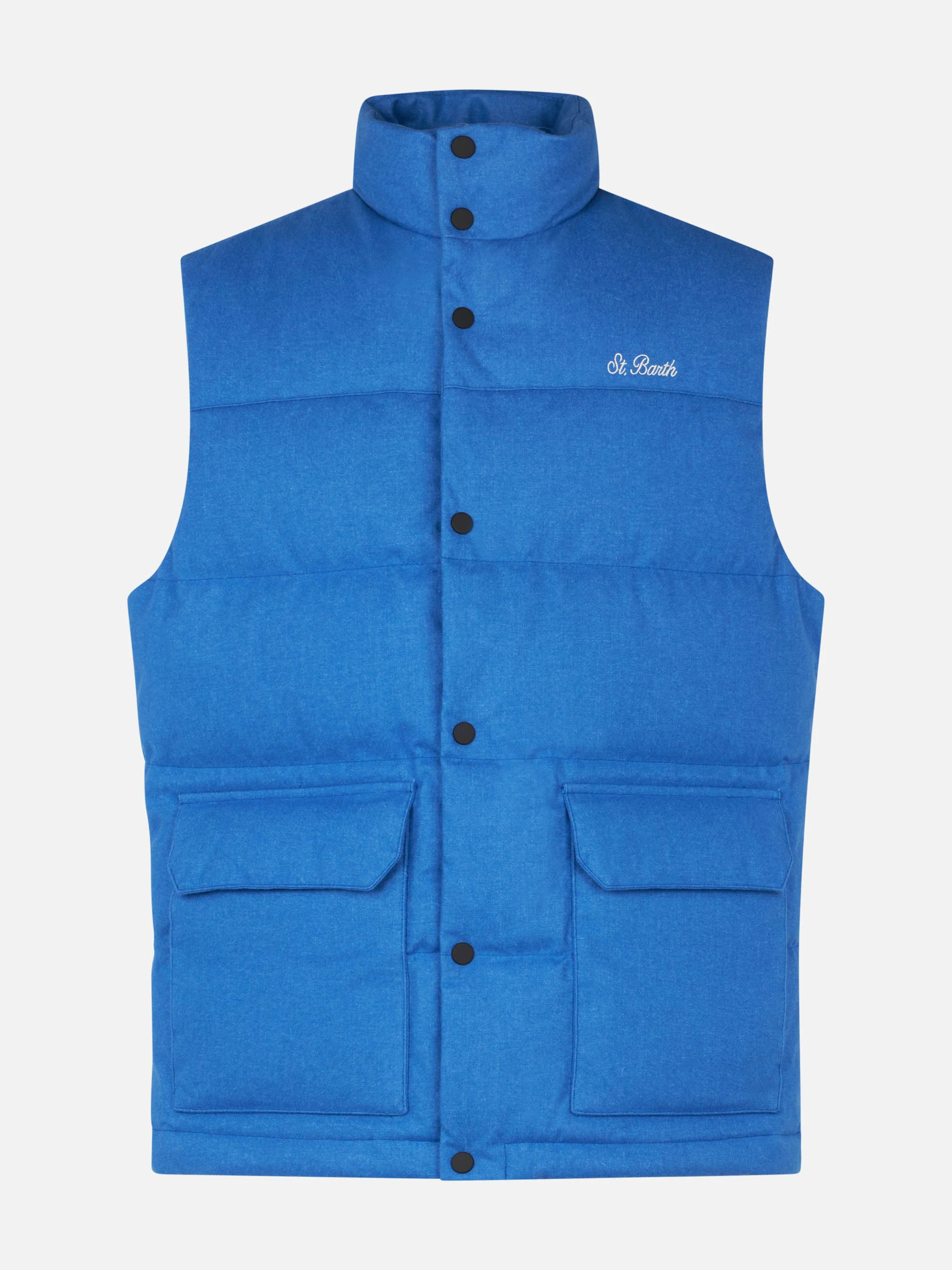 Herenvest, gevoerd met blauwe wollen dons en met zakken.