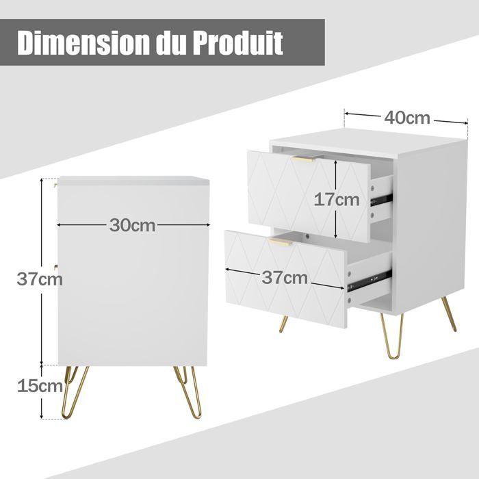 GOOBUY Lot de 2 Table à Chevet, 2 Tiroirs, Manches et Pieds en Couleur Doré, Style Ligne Scandinave, 40 x 30 x 52 cm, Blanc