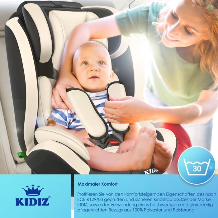 Seggiolino auto KIDIZ® per bambini e neonati da 9 a 36 kg, gruppo 1+2+3, cintura di sicurezza a 5 punti, poggiatesta regolabile e convertibile, beige.