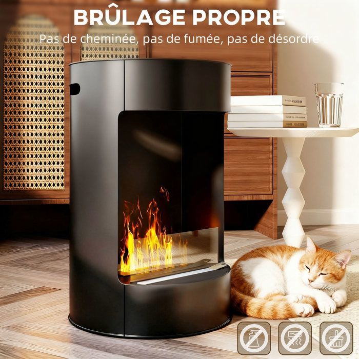 Chimenea de bioetanol - HOMCOM - Depósito de 0,9 L - Tiempo de combustión aprox. 3 horas - Extintor - Acero - Ø 41 x 64 cm - Negro