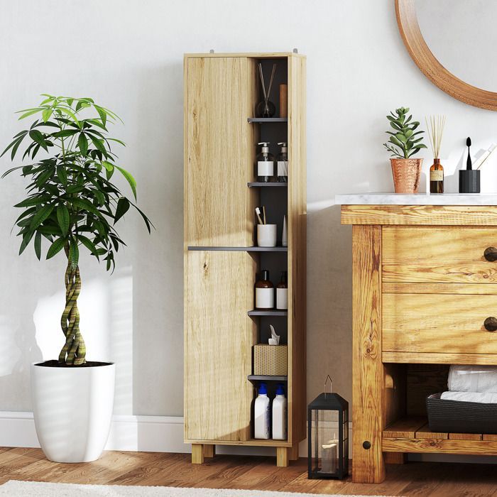 Badkamerkast - HOMCOM - 6 open vakken en 2 kastjes - afmetingen 40B x 24D x 148H cm - naturel hout