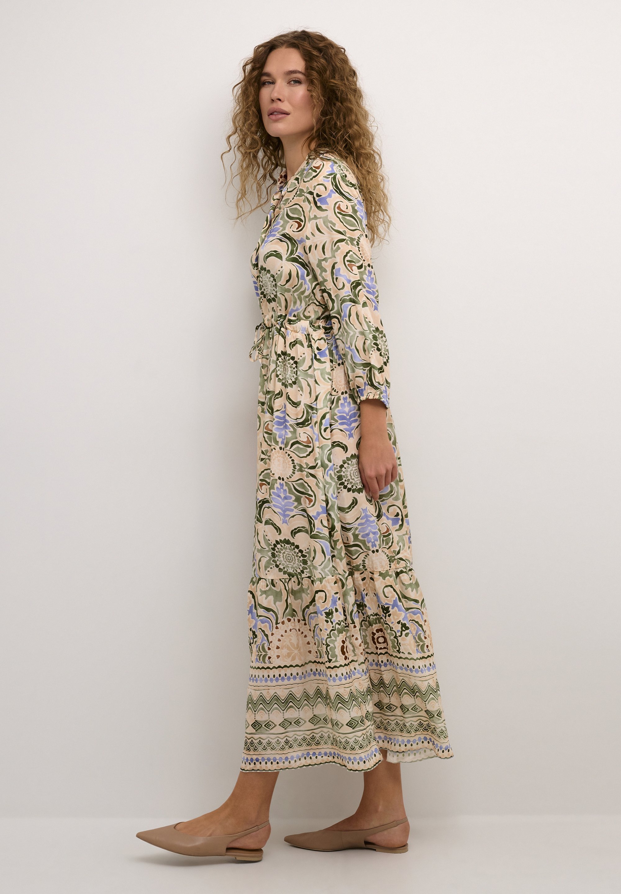 Crème CRAlora - Maxi-jurk - kaki bloemenbehang