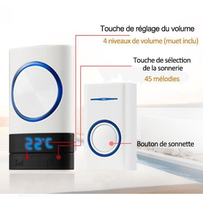Sonnette sans Fil - YIKXIULF - Étanche - 2 Récepteurs - Affichage Température - Portée 150M