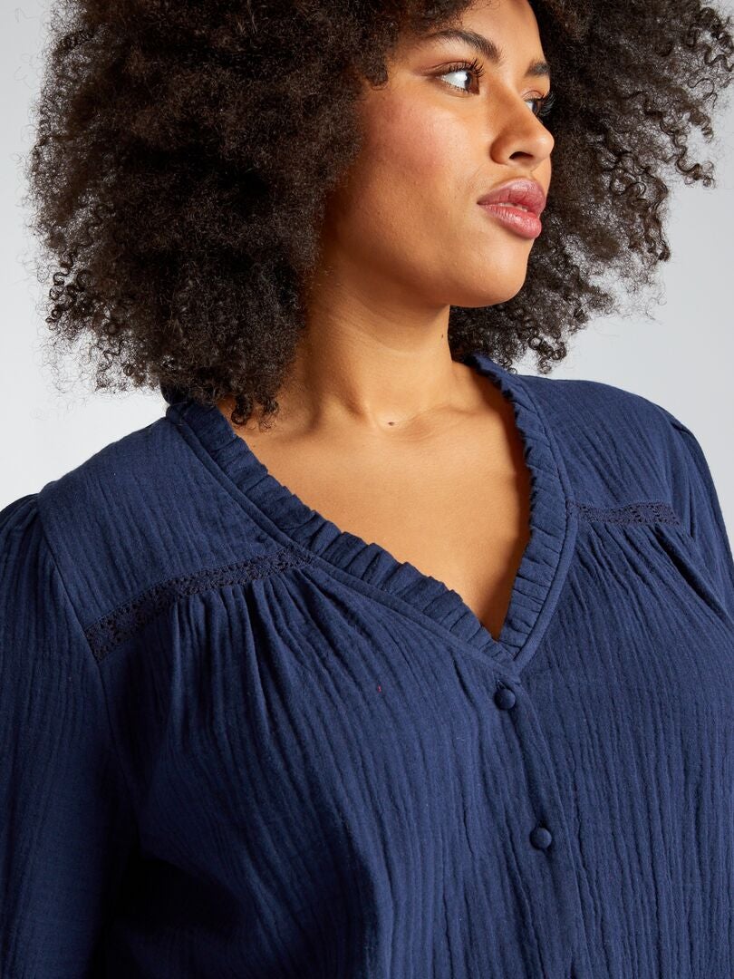 Blouse van katoenen gaas met rucheskraag - ZWART