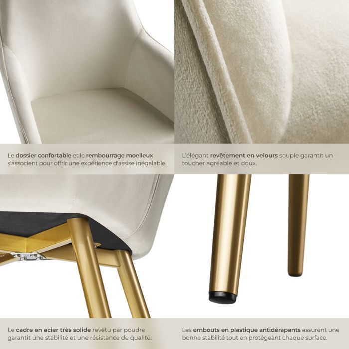 Chaise - TECTAKE - Fauteuil de salle à manger MARYLIN en velours avec pieds en acier doré - Crème/Doré