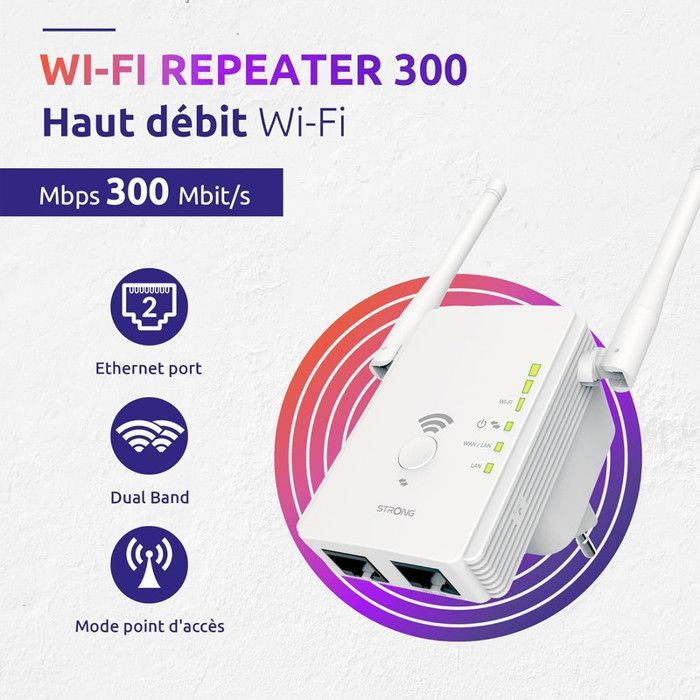 STRONG - REPEATER300V2 - Répéteur Point accès WIFI Booster - Jusqu'à 300 Mbits/s - Jusqu'à 80 m2 - Compatible toutes box