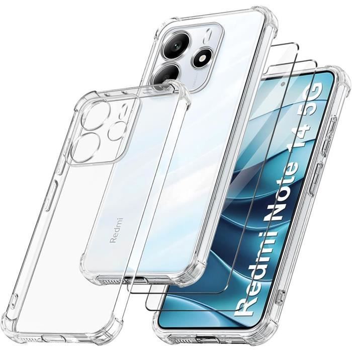 Coque pour Xiaomi Redmi Note 14 5G (pas pour 4G) TPU Antichoc Transparente + 2 Verres Trempés Vitre Protection