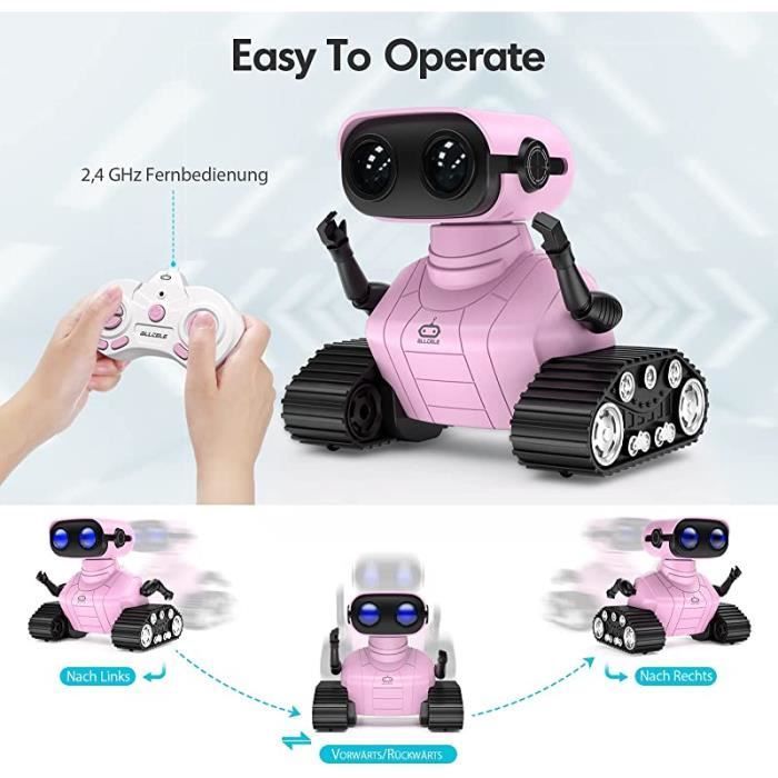 Robot ricaricabile per bambini, giocattolo telecomandato con occhi a LED, musica e suoni divertenti per bambini dai 3 agli 8 anni - Rosa