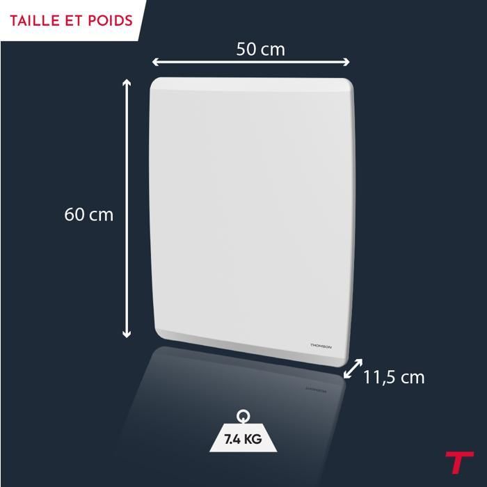 Radiateur électrique fixe inertie sèche - Double cœur de chauffe - THOMSON - MOLY 1000W - Connecté WiFi - horizontal blanc - NF
