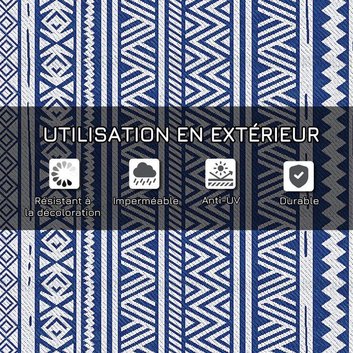 Tapis extérieur - Outsunny - style graphique réversible 2 motifs haute densité 310 g/m² décoration - PP - 2,74x1,82m - bleu blanc