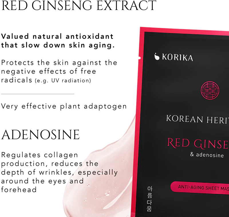 Máscara facial antienvelhecimento KORIKA com ginseng vermelho e adenosina da herança coreana