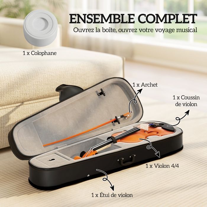 Juego de violín 4/4 - HOMCOM - para adultos y principiantes, con estuche, arco, resina, puente y soporte para el hombro - marrón