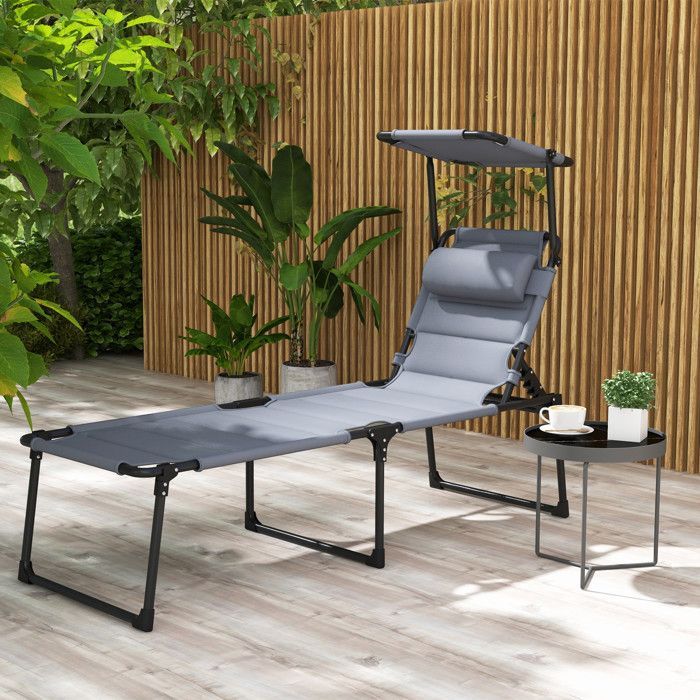 Bain de soleil - Outsunny - pliante et inclinable - avec pare-soleil, appuie-tête - en tissu Oxford - 70 x 200 x 45 cm - gris