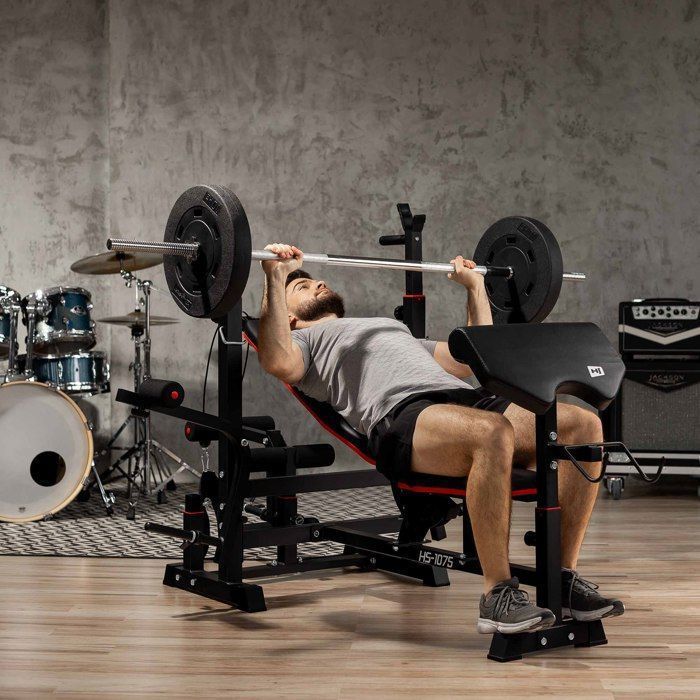 Hop-Sport HS-1075 opklapbare halterbank met halterrek, trainingsbank voor bankdrukken