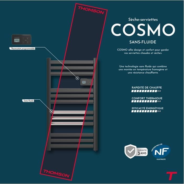Toalheiro elétrico sem fluido - THOMSON - COSMO 500W - Conectado por Wi-Fi - preto - NF