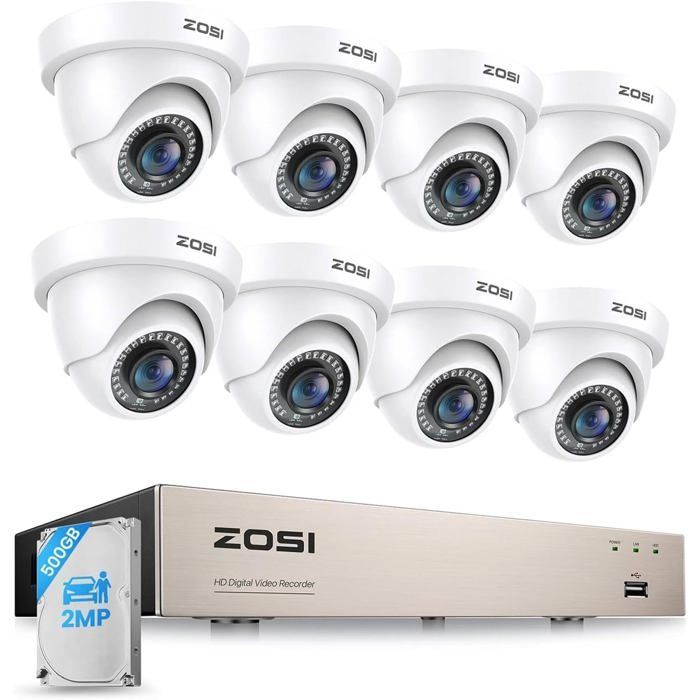 ZOSI 1080P 8CH Caméra de Surveillance Filaire 500GB 8 Caméras de Sécurité Dôme Intérieur/Extérieur Détection de Personnes/Véhicules