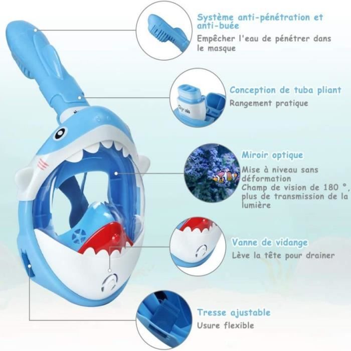Masque de Plongée pour Enfant Requin Masque de Plongée avec Tuba, Anti-buée, Anti-Fuite, Panorama 180° Système Dry Top Respiration