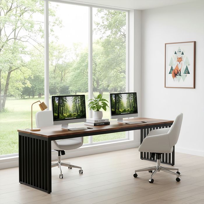 Large 180x76x60 cm computer desk with sturdy metal frame - Workstation - Brown (chair not included)