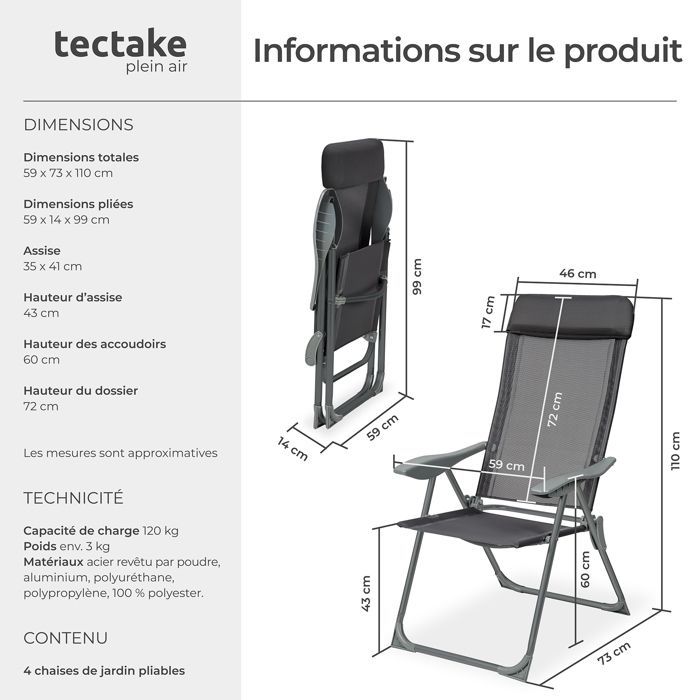 Tuinstoelen - TECTAKE - Set van 4 MAURINE opklapbare buitenstoelen van aluminium met gewatteerde hoofdsteun - Antracietgrijs