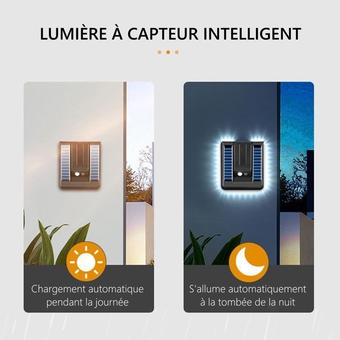 Juego de 2 apliques solares de pared, resistentes al agua IP45, 3 modos, ángulo de haz de 180°, con sensor de movimiento, para iluminación exterior.