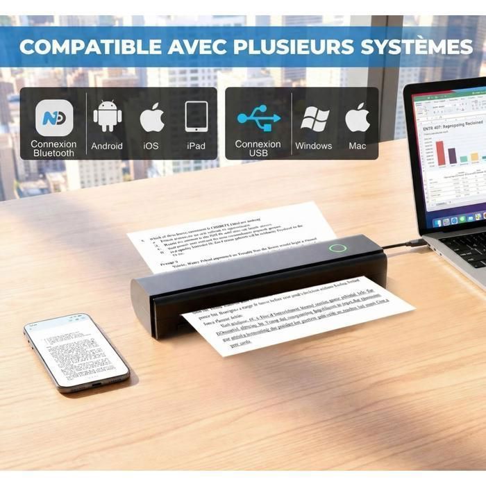 Thermodrucker mit 215 Blatt A4-Papier, Bluetooth-fähig, kompatibel mit PC/Mac/iOS/Android, 203 dpi, tragbarer Drucker