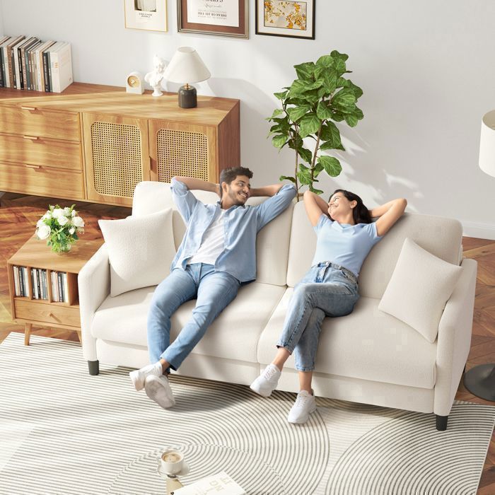 Canapé 3 Places en Velours Teddy Beige pour salon,Canapé Moderne Scandinave avec trois coussins,pieds en bois,193×78×85CM