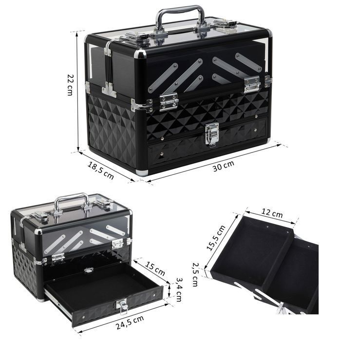 Estuche de maquillaje - HOMCOM - caja de cosméticos con asa y cierre - aluminio acrílico - 30x18x22cm - negro