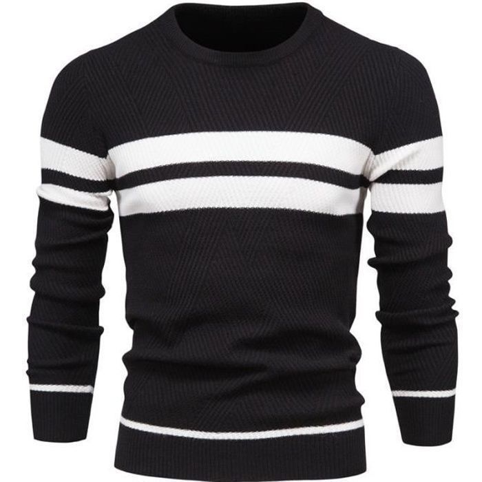 Jersey de punto para hombre, jersey informal de otoño/invierno, manga larga, color contrastante, tejido cómodo - Talla europea - Negro