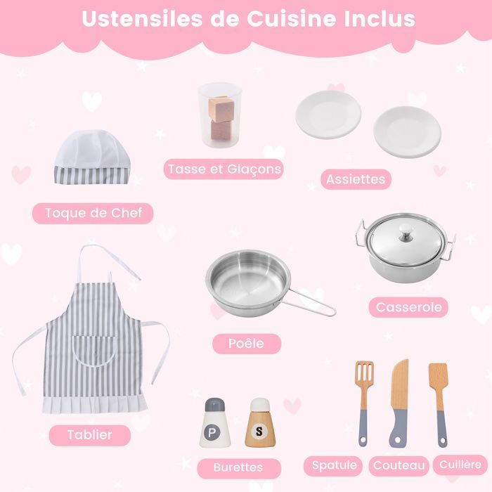 Cocina infantil de madera XXL de COSTWAY - 15 accesorios, efectos de luz y sonido, regalo de lujo rosa para fiestas