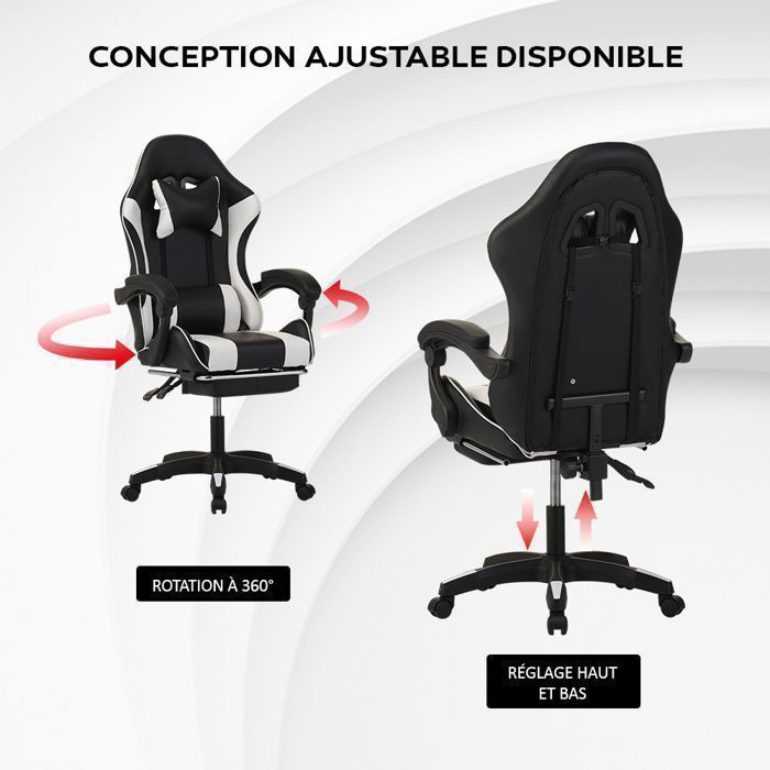Chaise Gaming - Ergonomie Chaises de Gamer - Support Lombaire - Pédales Rétractables - Blanc