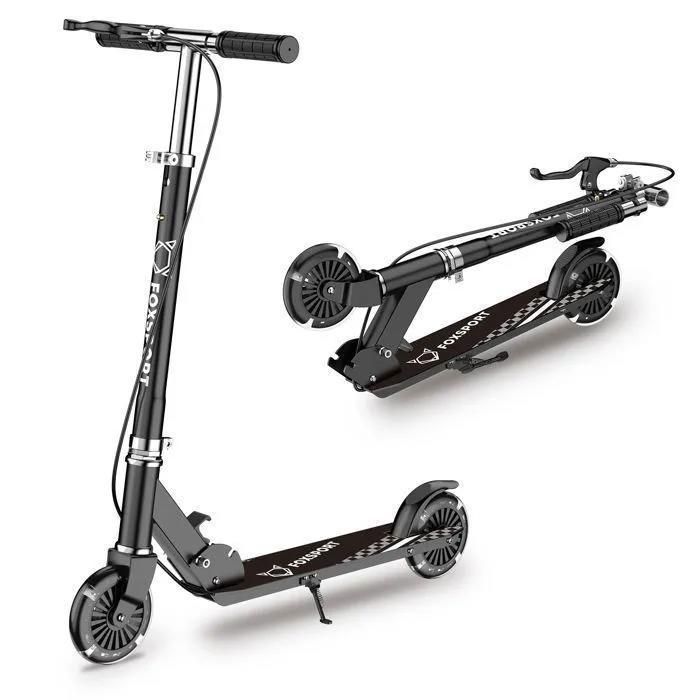 Children's Scooter - FOXSPORT - Foldable - 2 Flashing Wheels - Handbrake - 3-Level Adjustable Handlebar - 100 kg Load Capacity - Black