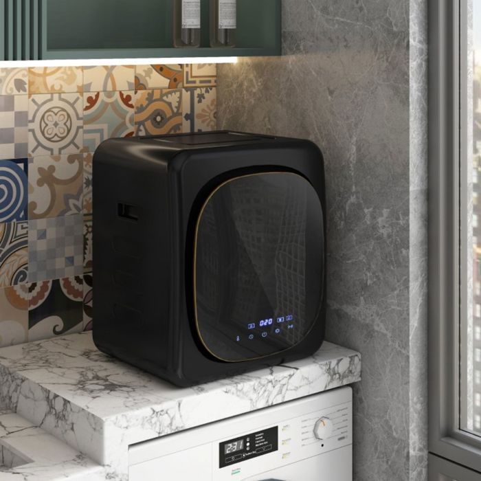 Mini asciugatrice da 4 kg, 800 W, montaggio a parete, 6 programmi, display touch a LED, colore nero, protezione contro il surriscaldamento.