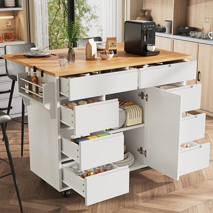 Kitchen island, kitchen unit, central island with casters and worktop, serving cart with spice rack and 8 drawers