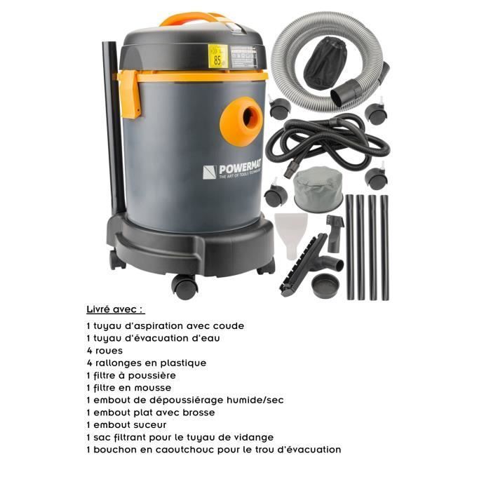 Aspirateur industriel eau et poussière multifonction - POWERMAT - 1600 W - Idéal pour nettoyer bassins - 25 L