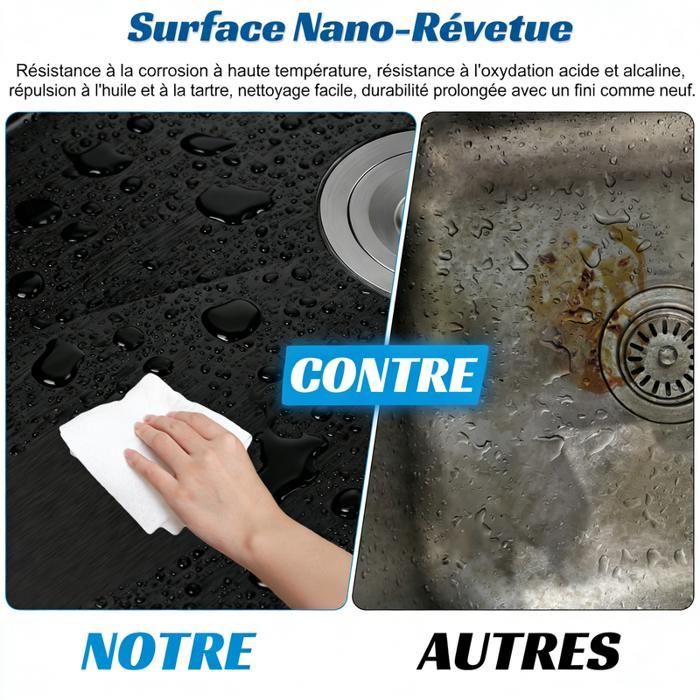 Fregadero de cocina de acero inoxidable de 80x45 cm – FIANAO – un solo seno – revestimiento nano – drenaje rápido X – grifo extraíble + accesorios